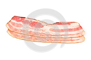 Rasher or smoked sliced bacon ready for cooking. Two pieces of pork belly, isolated on a white background, close-up