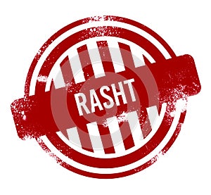 Rasht - Red grunge button, stamp photo