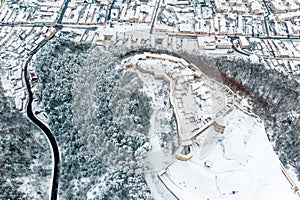 Rasnov fortress aerial view after a snow fall