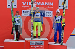 Rasnov, Romania - February 7: Unknown ski jumper competes in the FIS Ski Jumping World Cup Ladies