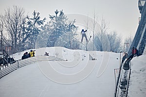 Rasnov, Romania - January 25: Unknown ski jumper competes in the FIS Ski Jumping World Cup Ladies