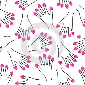 Raspberries on all fingers hand seamless pattern. Cute funny girlish illustration with raspberries nails.