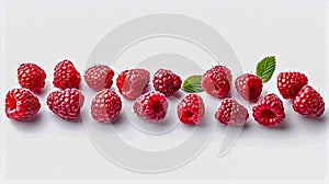 Raspberries are arranged in a row on a white background
