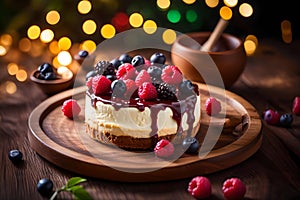 raspberries, blackberries, blueberries chocolate cream cake on a bokeh background
