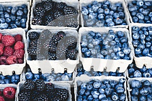 Raspberries, blackberries and blueberries market display