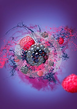 Raspberries and blackberries falling from the air on purple bottomed juice. Food levitation concept, high-resolution image