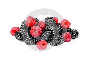 Raspberries and blackberries isolated on white background