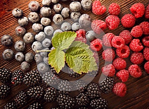 Raspberries and blackberry blueberries scattered on the wooden table