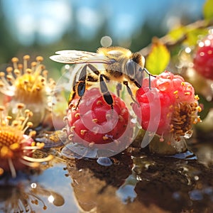 raspberries blooming flowers ,bee and butterfly sitting on fruits, mandarin,olives,with drops of morning dew water