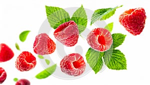raspberries falling or flying in the air with green leaves isolated on white background