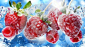 Raspberries falling into the water with bubbles