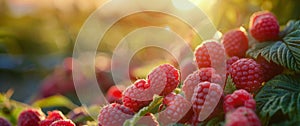 Raspberries Growing on Bush With Sun in Background