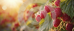 Raspberries Growing on Bush With Sun in Background