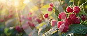 Raspberries Growing on Bush With Sun in Background