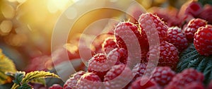 Raspberries Growing on Bush With Sun in Background