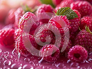 Raspberries on a pink background with water droplets