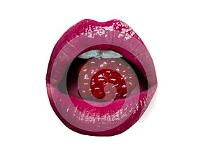 Raspberries in sexy mouth. Female lips and teeth lick eat red tasty raspberries. Diet berries, passionate blowjob