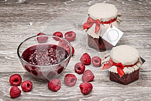 Raspberries, slices of raspberry, raspberry jam