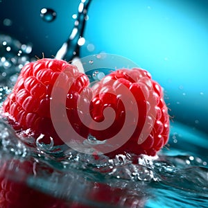 Raspberries splashing into crystal clear water with air bubbles