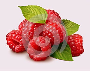 Raspberries, Still Life, red ripe berries and green leaves. Isolated Objects. Created with AI