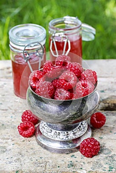 Raspberries in vintage silver goblet