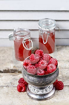 Raspberries in vintage silver goblet