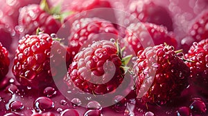 Raspberries with water droplets on a pink background