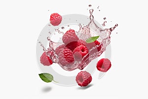Raspberries with water splash or explosion flying in the air on a white background