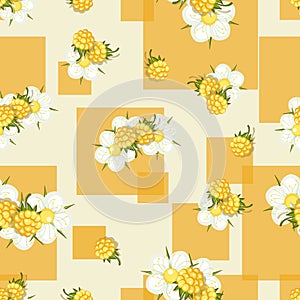 Raspberry background. Yellow berry. Fresh, juicy berries with square flowers. Seamless pattern.
