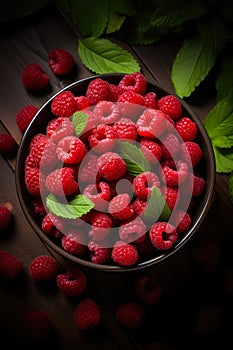 Raspberry banner. Bowl full of raspberries. Close-up food photography background