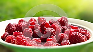 Raspberry berries. Close-up of raspberries in a plate. Selective focus. Shallow depth of field. Blurred background with bokeh