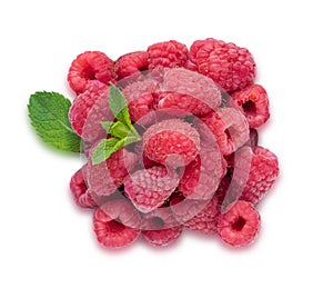 Raspberry berries and mint leaf isolated on white background. Healthy berries