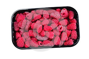 Raspberry in black container isolated on white background