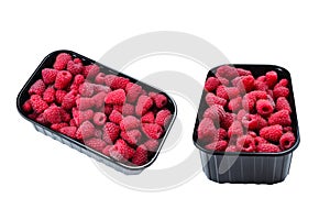 Raspberry in black container isolated on white background
