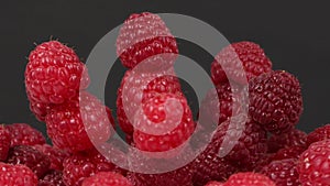 Raspberry on black. Extrem close-up. Side view. Loop motion. Rotation 360.