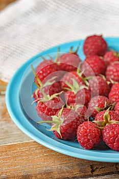 Raspberry in blue dish and in front of white fabric on old v