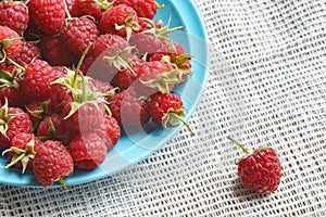 Raspberry in blue dish and in front of white fabric on old v