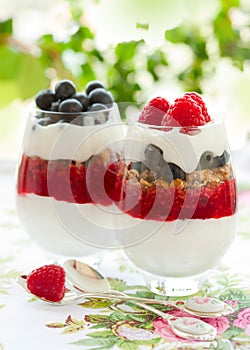 Raspberry and blueberry parfait