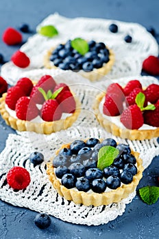 Raspberry and blueberry tartlets with fresh berries and mint leaves