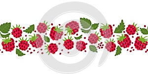 Raspberry border. Summer berries seamless border. Cute fresh fruits vector illustration. Hand drawn juicy element