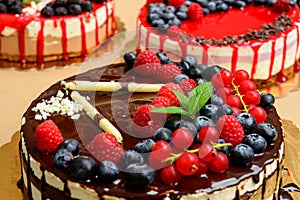 Raspberry cake and many fresh raspberries ,Forest wild berry fruits Muss cake with chocolate an white chocolate photo