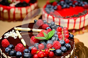 Raspberry cake and many fresh raspberries ,Forest wild berry fruits Muss cake with chocolate an white chocolate