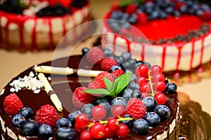 Raspberry cake and many fresh raspberries ,Forest wild berry fruits Muss cake with chocolate an white chocolate photo