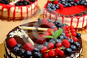 Raspberry cake and many fresh raspberries ,Forest wild berry fruits Muss cake with chocolate an white chocolate photo