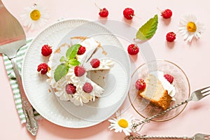 Raspberry Cake with whipped cream on pink background