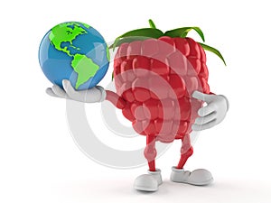 Raspberry character holding world globe