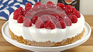 Raspberry cheesecake dessert kitchen table background photo