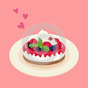 Raspberry cheesecake, sweet fruit dessert with whipped cream on plate, vector.