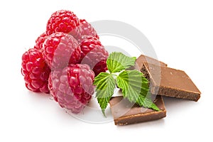 Raspberry , Chocolate and green leaf on white