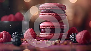 Raspberry and chocolate macarons stacked, with fresh berries and cocoa sprinkles, on a moody backdrop